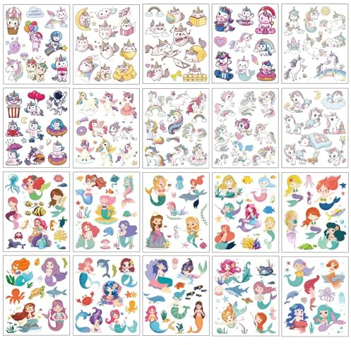 20 Láminas Tatuajes Temporales Princesa Unicornio y Sirena para Niños Calcomanías de Cara de Dibujos Animados Divertidas Seguras Impermeables Falsas Calcomanías de Tatuaje para Niñas Regalos de Fiesta
