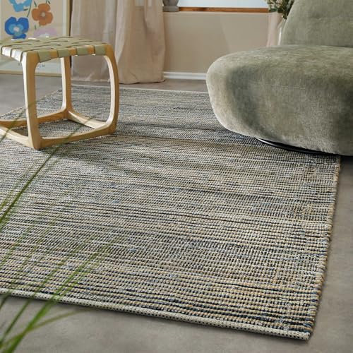 Wecon Home Teppich Denim Feels – Handwebteppich aus Jute & recyceltem Denim – 6mm Florhöhe – Handgekettelte Kante – GoodWeave Zertifiziert – Natürlich & urban (80 x 150 cm, Denim blau)