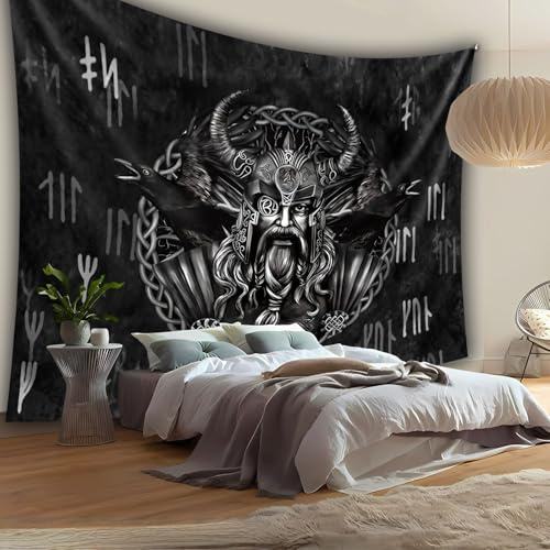 Arsey Tapisserie murale – Décoration viking avec Odin et corbeau – Tissu mural, idéal pour la mythologie nordique et les amateurs de Vikings, 200 x 150 cm, noir