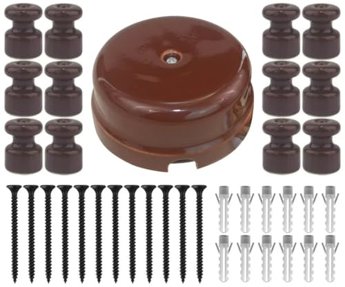 OASHISU Kit [caja de derivación de porcelana] + [12 aisladores de porcelana] para instalaciones de 4 orificios para entrada/salida del cable, marrón brillante, cubre cables y cubrecables de cerámica