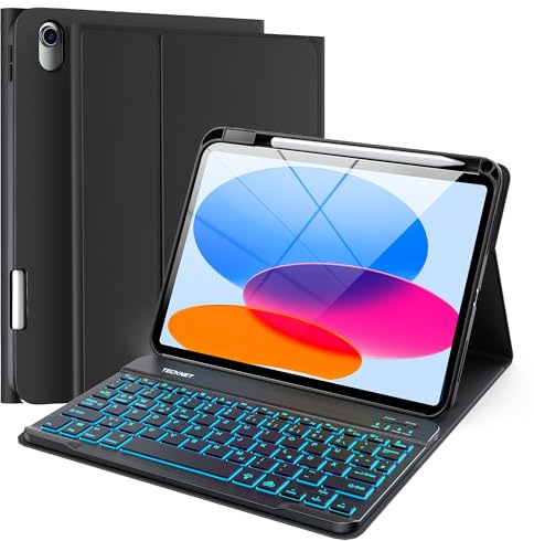 TECKNET Hülle mit Tastatur für iPad A16 11/10 Gen(2025/2022, 11/10.9 Zoll) | 7-Farbige Hintergrundbeleuchtung, Magnetisch Abnehmbare Tastatur, DEU QWERTZ-Layout, Schutzhülle mit Stifthalter, Schwarz