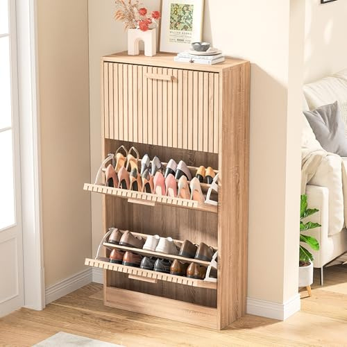 BEIJIALY Schuhschrank mit 3 Klappen, schmaler Schuhschrank, mit 6 Fächern, verstellbares Schuhregal, 60 x 24 x 113 cm, Aufbewahrung, große Kapazität, für Eingangsbereich, Flur (Rattan)