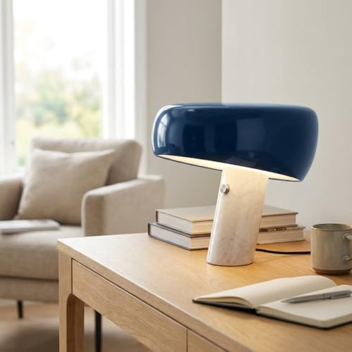 BARCELONA LED Lámpara de Mesa Moderna Azul con Base de Mármol Blanco, Diseño Clásico y Lujoso para Escritorio, Mesita de Noche o Sala, Estilo Retro y Elegante Pequeña Luz Directa E27, 28cm