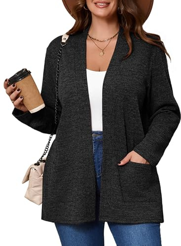 AusLook Women's Plus Size Lightweight Open Front Cardigan Black 3X Causal Long Sleeve Sweater Cover Ups Jacket Shrugs Tops Shawls and Wraps Kimono