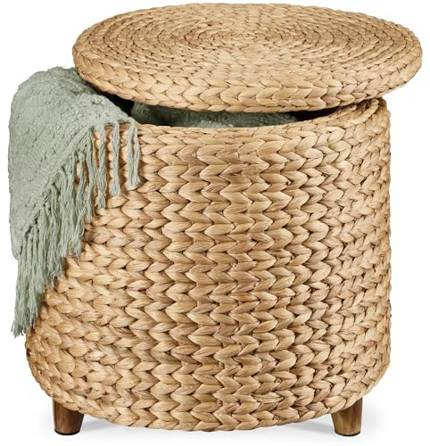 Best Choice Products 17 Round Storage Ottoman W/Lid, Handwoven Water Hyacinth Footstool, Footrest w/Wooden Legs, Accent Side Table, Storage Container, Plant Stand - Natural