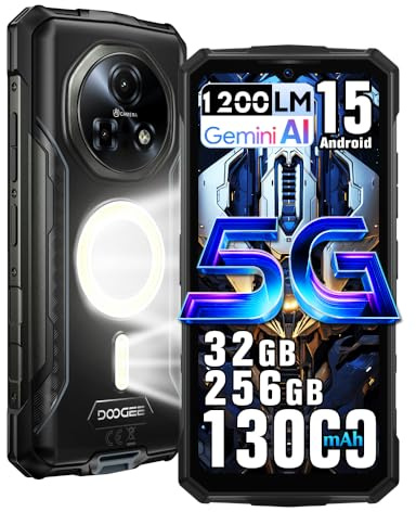 DOOGEE Fire 7 Pro 5G Rugged Smartphone,1200LM Luce Campeggio,Intercom via App,32GB+256GB/2TB,13000mAh 33W Android 15 Telefono Indistruttibile,6.6''HD+90Hz,64 MP AI Fotocamera,NFC/3 Slot (Grigio)
