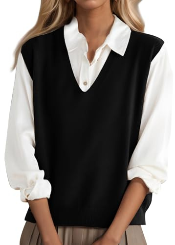 Générique Pull sans Manche Femme Col V Cachemire Gilet sans Manche Femme en Tricot Débardeur Couleur Unie Chaud Décontracté Basique Style Preppy Sweater Automne Hiver Noir,L