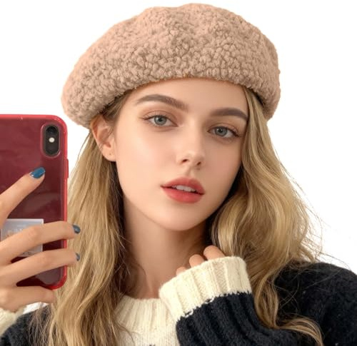 Yoeuxet Sherpa Beret Hats for Women, Winter Warm Wool Fleece French Berets Solid Color Painter Hats, Khaki