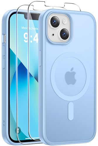 Qasyfanc Magnetic for iPhone 13/iPhone 14 Case with 2 Tempered Glass Screen Protector, Compatible with MagSafe, Shockproof Protection Translucent Matte Phone Case, Light blue | Compatible with MagSafe, 2 Screen Protector, Camera Protection, Anti-Shock, Anti-Scratch Backing