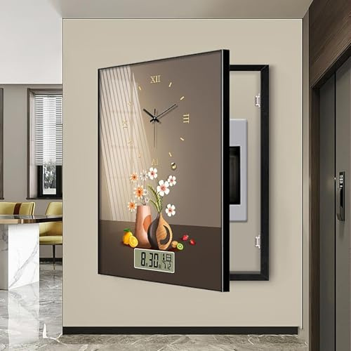 GUAWJRZDP Couvercle de Panneau Électrique Décoratif avec Horloge Murale Silencieuse, Cache-boîte À Fusibles Et Disjoncteurs, Dissimule Le Tableau Électrique(Black 3,50x60cm/19.7x23.6in)