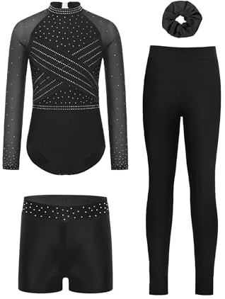 Sinleey Gymnastikanzug Mädchen Turnanzug Kind 4er Set Leggings Shorts und Haarband Gymnastik Tanz Eiskunstlauf Kostüm Strass