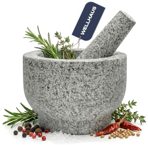 Wellhaus Mortero con mortero – Granito XXL piedra natural, gran picadora de especias para hierbas, frutos secos, ajo, recipiente de piedra maciza, acabado pesado, accesorios de cocina (gris)