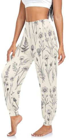 Yogabyxor dam lösa harembyxor vintage vilda blommor beige bekväma träningsbyxor sommar boho-kläder, Vintage vildblommor beige, M
