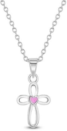In Season Jewelry Pink Enamel Heart Cross Necklace for Girls - Hypoallergenic 925 Sterling Silver Small Religious Cross Pendant - 16 Chain, Christian Gifts for Children & Preteens