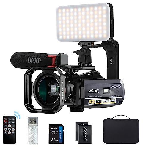 ORDRO 4K Caméra AC3 1080p 60fps Vlog IR Vision Nocturne WiFi avec Microphone, Objectif Grand Angle, Lampe Vidéo LED, Support de Poche, Boîte de Stockage et Carte SD 32GB