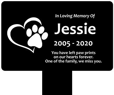Large Personalised Paw Print Heart Pet Memorial Stake - Engraved Plaque, Waterproof, Grave Marker, Garden, (Black and White)