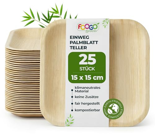 FOOGO Green 25x Palmblatt Teller eckig 15x15 cm – kompostierbar & naturbelassen – extra stabil & fettresistent – nachhaltiges Einweggeschirr für Party & BBQ