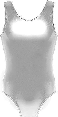 BODYWEAR LTD Childrens Kids School Sport Dance Gymnastics Ballet Sleeveless Leotard Metallic Wet Look Shinny Party Disco or Dance Costume (Silver, 11-12 Years)