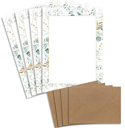 25 Briefbogen-Sets DIN A4 - Naturpapier in Creme - Rahmen mit Eukalyptus-Zweigen - mit Briefumschlägen DIN C6 in Kraftpapier Naturbraun Briefpapier bedruckbar ideal für Hochzeitseinladungen