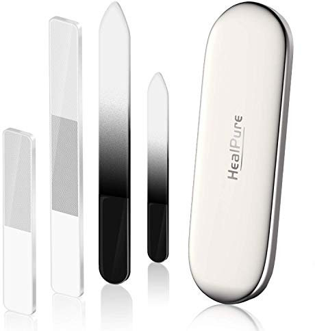 Glasnagelfeile und Shiner - 4PC doppelseitig geätzte Kristall Nagelfeilen und Nano Nagelpolierer, Professionelle Salon Maniküre Tools Kit für Acryl und Naturnägel (Schwarz)