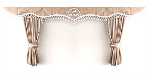 Perflex Ensemble complet de rideaux de chambre pour camion avec pompons blancs et crochets avec logo Man Beige