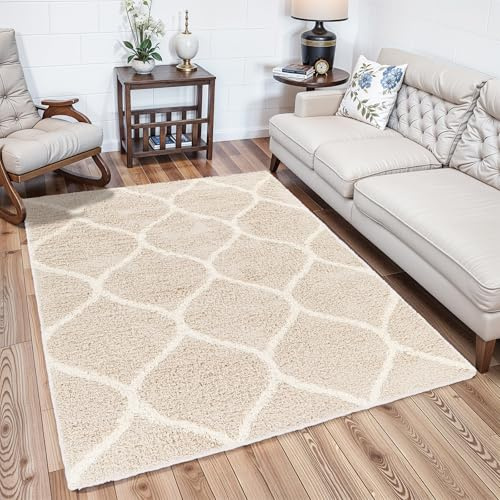 Livabliss Mostar Shaggy Berber Teppich - Flauschiger Teppich groß für Wohnzimmer, Esszimmer, Schlafzimmer, Langflor Hochflor Teppiche flauschig - 160x220 cm, Wohnzimmerteppich in Hellbeige und Weiß