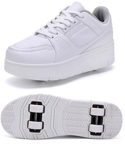 XRDSHY Schuhe mit Rollen für Kinder 4 Rollen Skateboardschuhe Sportschuhe Jungen Mädchen 2 in 1 Multifunktionale Rollschuhe Outdoor-Laufschuhe, White-37 EU