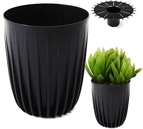 Konzept 11 - Hoher Blumentopf 14cm Durchmesser, Pflanzkübel Groß für Außen, Balkon, Übertopf mit Einsatz Schwarz Palmentopf