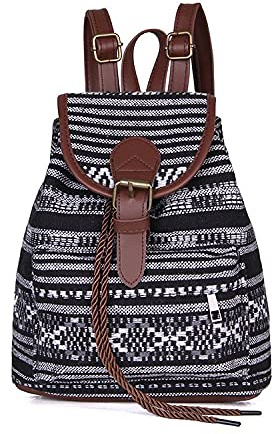 Rucksack Bohemien Klassisch Rucksackhandtaschen Klein Leder undOxford-Stoff Freizeitrucksack mit Kordelzug und Klappe für Schule Einkaufen Reise Arbeit