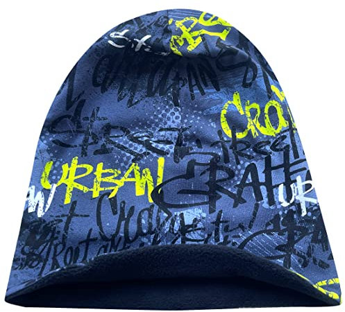 Wollhuhn Öko Warme Winter Jungen/Mädchen/Kinder Winter Long Beanie Mütze Mit Fleecefutter Versch. Motive (aus Öko-Stoffen, Bio) 20220666 (Skater Grau/Lime, L)