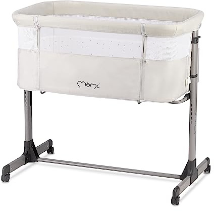 Momi REVO Multifunktions-Beistell- und Kinderbett, 6-stufig höhenverstellbar von 72 bis zu 82 cm, mit Rollen, inkl. Matratze, Befestigungsgurte, Insektenschutz und Bügel mit Spielzeugen