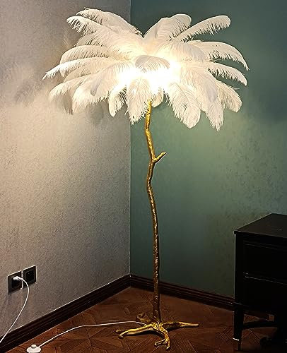LDIEUWUET Große Straußenfeder Stehlampe Wohnzimmer, Moderne 170cm Feder Stehlampe Lampe, Gold Harz Stehleuchte Stehlampen mit Federn Lampenschirm,LED Dimmbar Standleuchte für Wohnzimmer Schlafzimmer