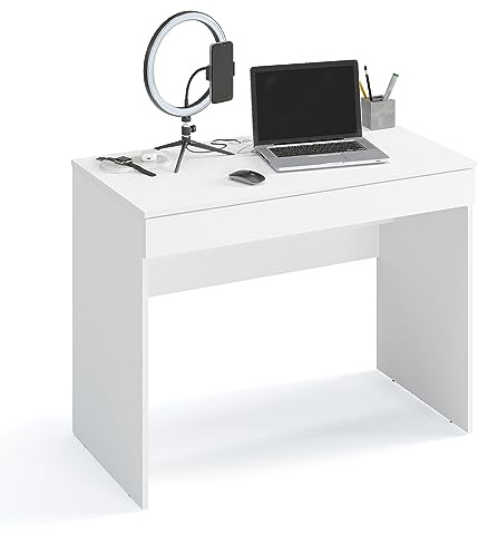 KOMTO Schreibtisch Weiß mit 1 Schublade - 100 x 53 x 76 cm Bürotisch Computertisch Klein Arbeitstisch Büro PC-Tisch Kinderschreibtisch mit Stauraum