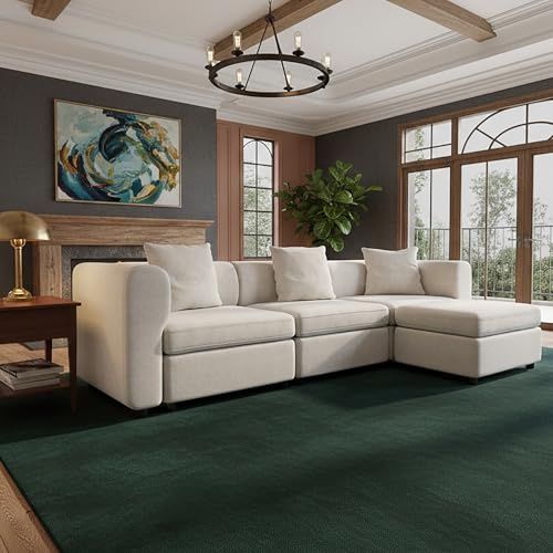 Miuuod 4-Seater L-Shaped Sectional Sofa with Ottoman, Modular Couch, Beige | Deep Seats, Convertible Ottoman, Modular Design, Soft Cushions, Spacious Comfort, Easy Assembly, Ideal For Living Room
