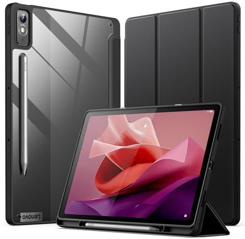 JETech Hülle für Lenovo Tab P12 12,7 (2023), Schwarz | Transparente Rückseite, Schlanker Stoßschutz, Dreifach-Ständer