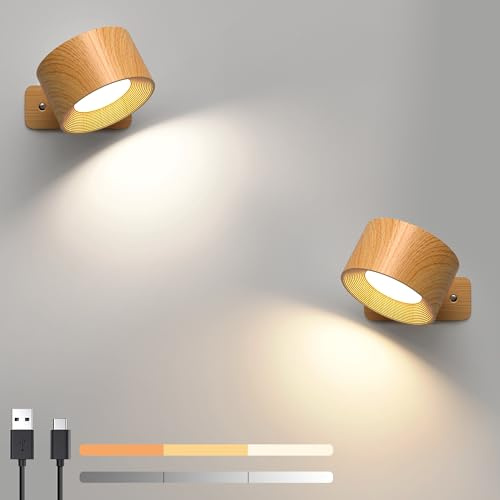 Mexllex 2 Pack Rechargeable Wall Lights, 360° Rotatable Touch Control Wall Lamps, Battery Operated Wall Light, 3 Brightness Levels 3 Colour Modes, Wireless Reading Lights for Bedroom Living Room