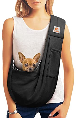 Tomkas Small Dog Sling Carrier - Classic Pocket & Classic Strap - for 3-10 lbs Pets(Black)