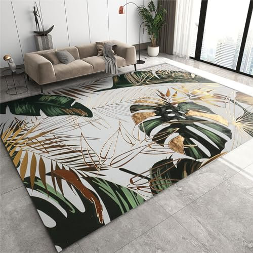 QDJKBL Teppiche mit tropischen Regenwaldpflanzen, goldgrüne Blätter, Dschungel-Palmenblätter, Innenbereich-Teppich, Lounge-Teppich, helle Farbe, auf Türmatten auf der Veranda auftragen, 60 x 100 cm