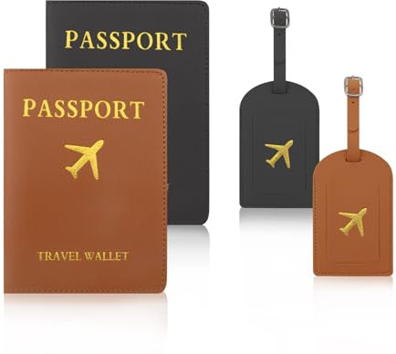 TOKSEO 4 Stück Reisepasshülle und Kofferanhänger Set, PU Leather Passport Holder,Gepäckanhänger mit Adressschild, Reisepass Hülle für Kreditkarten, Ausweis und Reisedokumente(Schwarz + Braun)