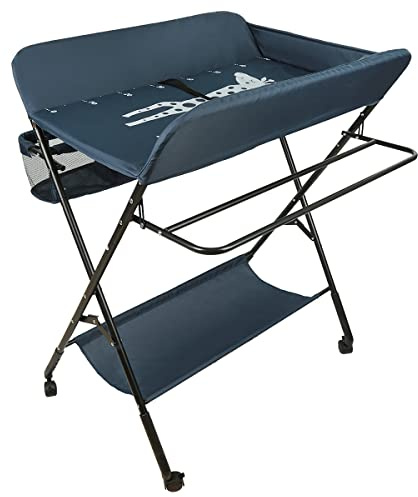Wickeltisch Klappbarer und tragbarer, Wickelkommode Baby mit Motiv Giraffe, Höhenverstellbar, Wickeltisch mit Rollen Mobiler Wickeltisch, Tragbar Wickeltisch,80 * 66 * 98cm (dunkelblau)