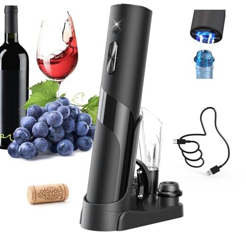 CIRCLE JOY Set Cavatappi Elettrici per vino ricaricabili 7 in 1 con Base di Ricarica, Pompa a vuoto Elettrica, Taglierina, versatore per aeratore e 2 Tappi per vino, Linea USB