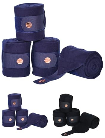 Marengos - Fleecebandagen Modern Rosé (4er Set) – Nachtblau – 300 cm | Elastische Bandagen mit Klettverschluss – roségoldenem Metallplättchen & Antipilling-Fleece – Pferde-Beinschutz