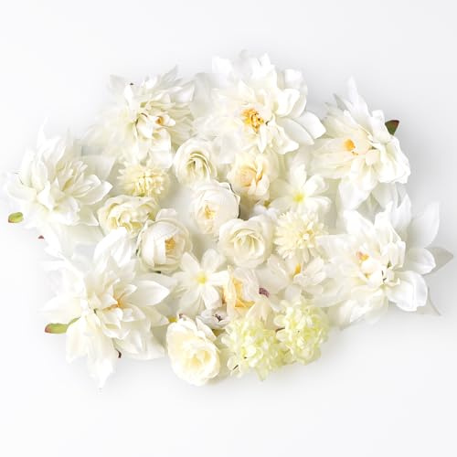 ZIGefofo 26 Stück Kunstblumen Köpfe 2-10cm Verschiedene Sorten Künstliche | Deko Blumen Mini Fake Blumenköpfe Kunstblume Flowers Künstlich Dekoblumen für Tortendeko Hochzeit DIY Handwerk Deko (Weiß)