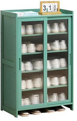 Zapatero de entrada con puertas correderas de dos vías, gran capacidad y fuerte capacidad de carga, color verde, 60 x 32 x 93 cm
