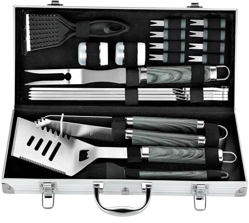 ROMANTICIST 20pcs Heavy Duty BBQ Grill Tool Set in Case - The Very Best Grill Gift for Father's Day and Christmas - Professional BBQ Accessories Set for Outdoor Cooking Camping Grilling Smoking, Grey
