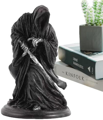 Mbiyhgta Figura religiosa in piedi della Santa Morte | Figura gotica con falce e abito nero, in piedi, per casa infestata