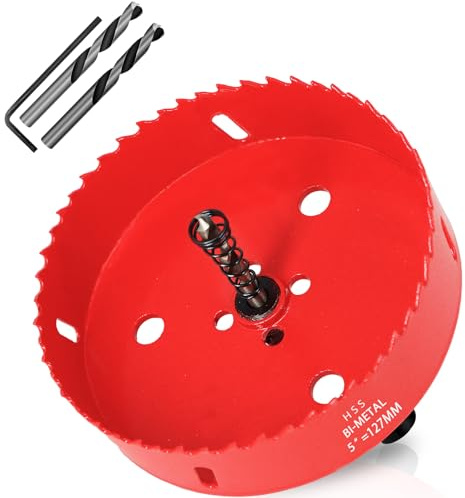 KACNON Seghe a Tazza Bi-Metallica 127 mm, M42 HSS Sega A Tazza Trapano, con Adattatore Esagonale e Punta di Centraggio, per Forare Plastica, PVC, Legno, Fibra di Legno, Metallo Dolce, Rosso