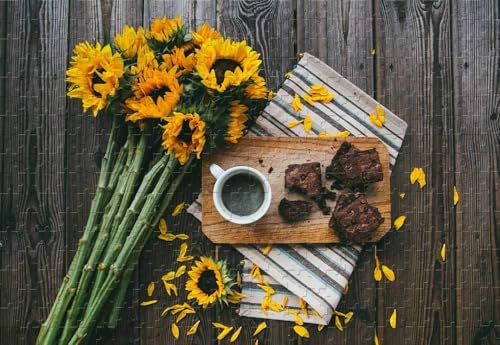1000 Pieces Tasse À Café Tournesols Brownies Table en Bois Puzzle Grande Pièce Matériau en Bois Fait À La Main