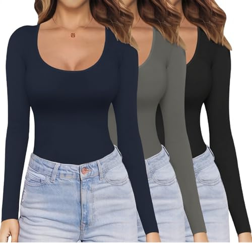 Ekouaer Womens Long Sleeve Tops 1&3 Pack Basic Scoop Neck Thermal T Shirt, 3pcs Navy Blue + Dark Grey + Black, L