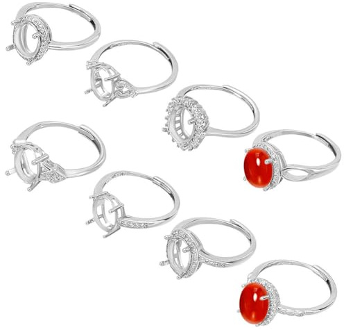 WEBEEDY 8 Styles Strass Silber Ring Basis Einstellbare Blank Ring Einstellung für 7x9mm Oval Cabochons DIY Ringe Schmuckherstellung Zubehör Handmade Geschenk für Weihnachten Halloween
